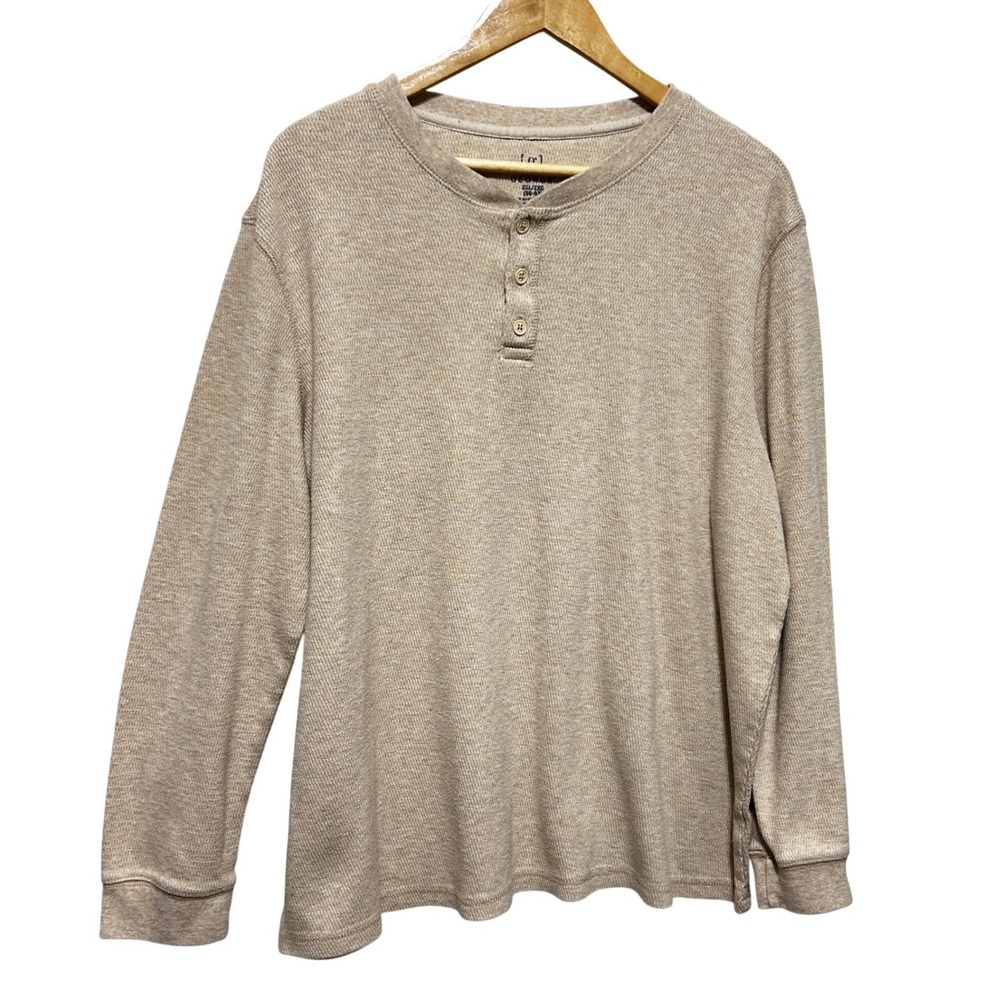George Men Henley Shirt 2XL Tan Waffle Knit Thermal Casual Base Layer Workwear